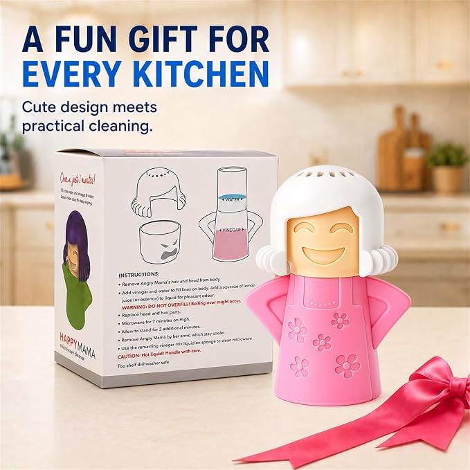 Microwave Steam Cleaner Tool, Fill with Vinegar & Water, Optional Lemon Drops, Heat 5-7 Minutes to Soften Grease & Residue, Non-Toxic Reusable Kitchen Cleaner for Microwaves (Pink)
