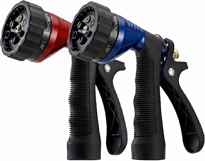 GREEN MOUNT Water Hose Nozzle 2-Pack, Zinc Alloy Garden Spray Nozzle with Adjustable Spray Patterns, Leakproof Rustproof Trigger Lock for Outdoor Cleaning & Car Wash, Blue & Red