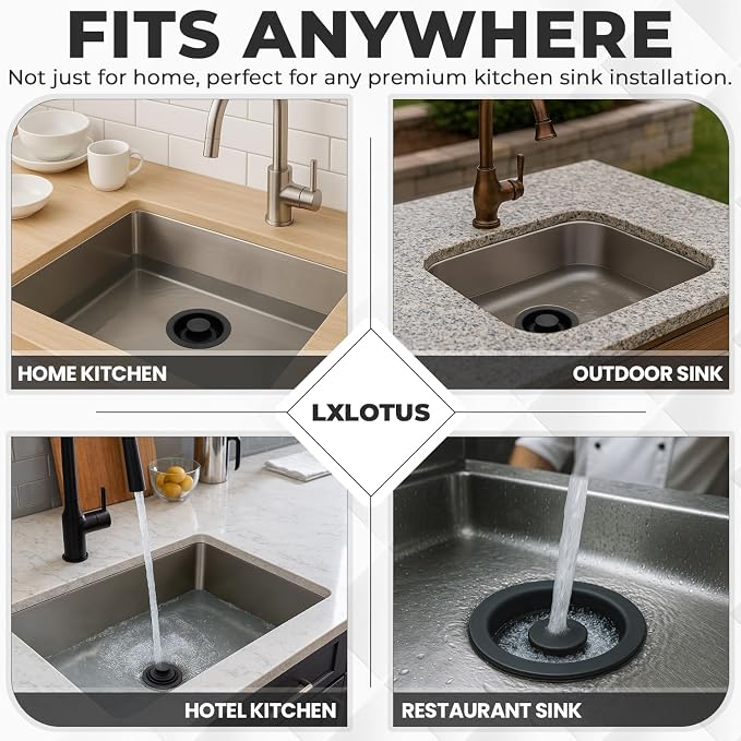 Garbage Disposal Flange Drain with Water Stopper- Universal Matte Black Stainless Steel Flange Fit 3-1/2 Inch Kitchen Sink Hole for Easy New Installation or as a Replacement Accessories Kit