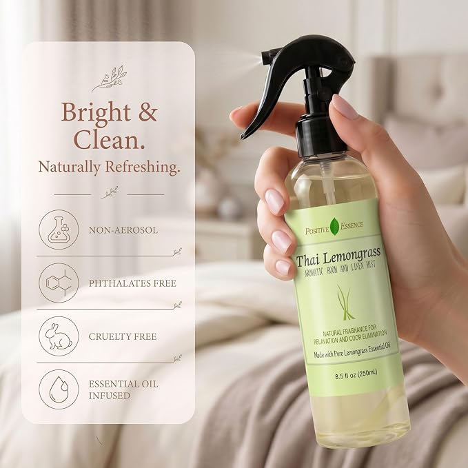 Thai Lemongrass Linen and Room Spray, Natural Air Freshener Made with Pure Lemongrass Essential Oil, Bathroom Air Freshener or Calming Pillow Spray (8.5 fl oz)