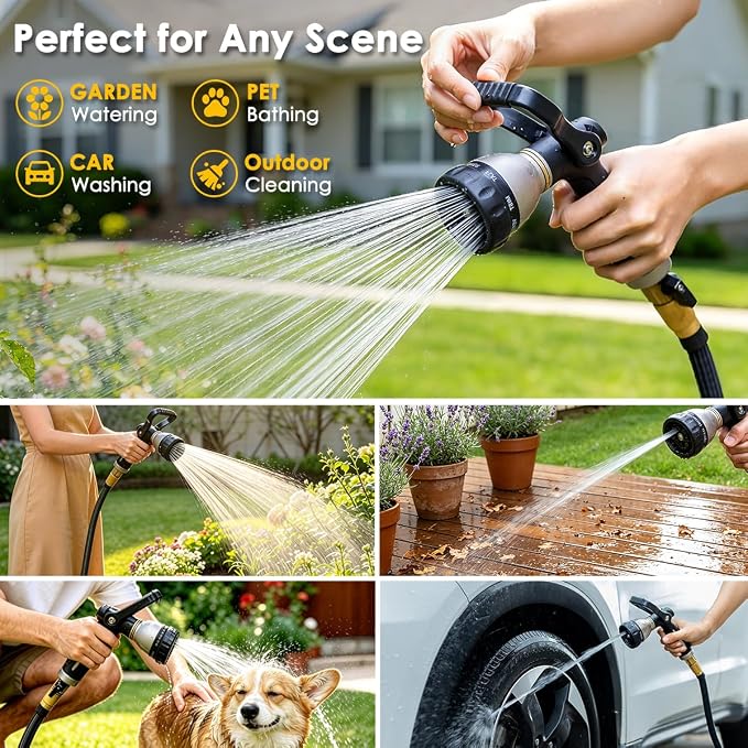 FANHAO Fireman Style Water Hose Nozzle Heavy Duty Metal, 8 Spray Patterns | Large Lever Control, Non-Slip Ergonomic Grip, High Pressure, Rustproof Leakproof Garden Hose Sprayer for Garden, Car & Pet