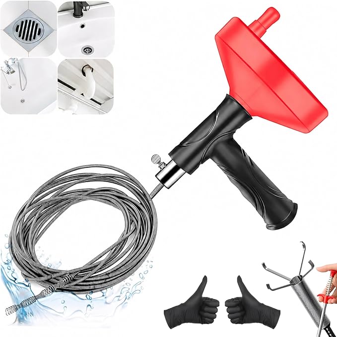 Drain Snake Auger, 33 Feet Plumbing Snake Drain Hair Clog Removal Tool, Heavy Duty Snake Auger, Sink Unclogger Drain Cleaner Tool for Bathroom Kitchen Tub Shower Drain Clog Remover with Gloves, Red