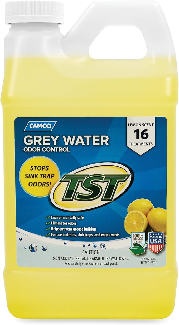 Camco TST Camper/RV Grey Water Odor Control - Removes Grease Buildup in Gray Water Tank, Sink & Shower Drains - 4oz Treats 40-Gal Holding Tank - Safe Septic Tank Treatment - Lemon, 64 oz (40256)