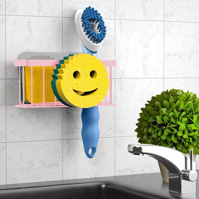 MURLONG Sponge Holder Smiley Face,Sink Caddy,Sink Organizer with 2 Suction Cups/1 Adhesive Strips,Designed for Sponge,Soap,Dish Brush,Scrubber - Pink