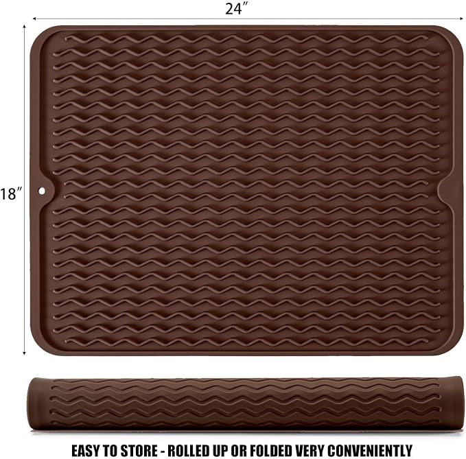 Large 24" x 18" Silicone Dish Drying Mat for Kitchen Counter, Easy clean, Quick Dry, Heat-resistant Dish Drainer Mat for Sink,Refrigerator or Drawer liner (Food Grade Silicone-Coffee)