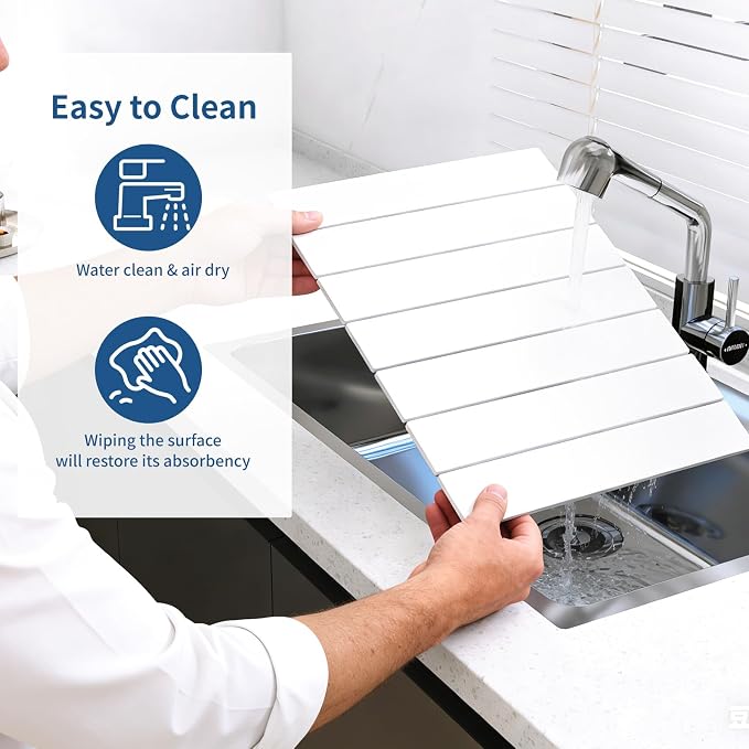 Hopegiver Stone Drying Mat for Kitchen Counter, 16" x 12" Quick Dry Diatomaceous Earth Dish Drying Mat, Super Absorbent, Non-Slip & Foldable, Modern White Countertop Mat (White,16''x12'')
