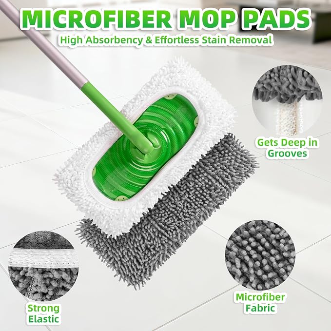 6 Pack Reusable Mop Pads for Swiffer, Microfiber Dry Sweeping Cloths | Compatible with Swiffer Sweeper Mop | Chenille Mop Refill Pads | Dry and Wet Pads Refill for Mopping Floors(Mop not Included)