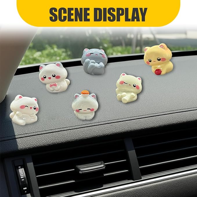 6PCS Cute Mini Cat Car Dashboard Decorations, Resin Cartoon Figurine Set for Rear View Mirror & Center Console Ornaments, Funny Car Interior Accessories for Home Office Desk (Kitten)