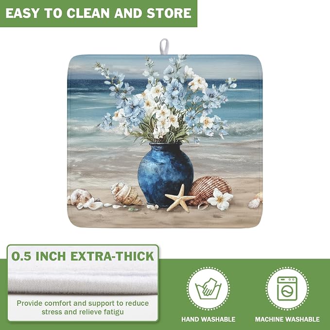 Summer Beach Dish Drying Mat for Kitchen Counter Nautical Coastal Blue Ocean Vase Floral Seashells Microfiber Dish Drainer Mat Absorbent Washable Drying Pad 16"x18"