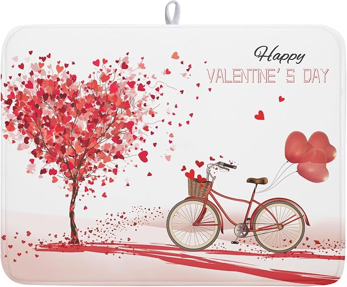 Romantic Valentine's Day Dish Drying Mat for Kitchen Valentines Bike and Tree Dish Drying Pad 18x24 Absorbent Reversible Happy Valentine Dishes Drainer Pad Holiday Dish Drying Rack Mat for Countertop