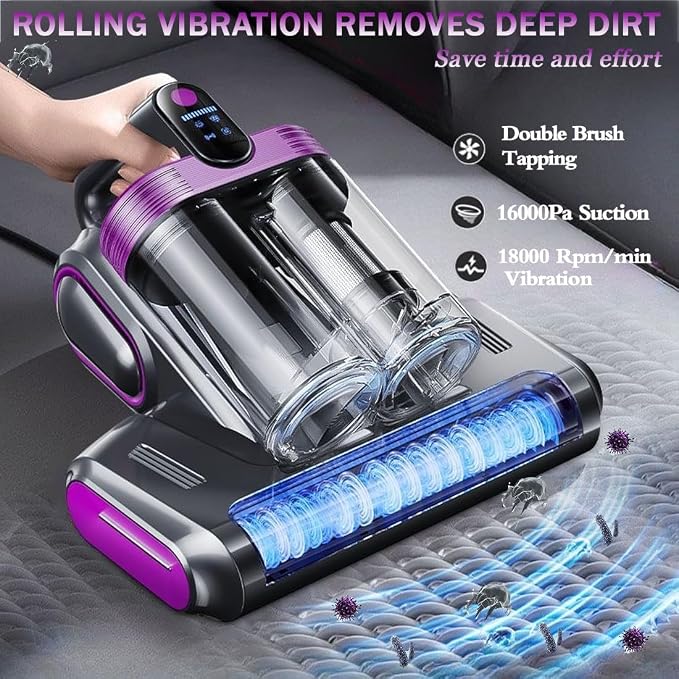 Mattress Vacuum Cleaner, 18Kpa Bed Vacuum Cleaner with 253.7nm UV-C Light & Heating & Ultrasonic Quintuple Tech & 80000 RPM/Min Brushroll Rotation, Widened Suction Port, 500W, Cordless (Purple)