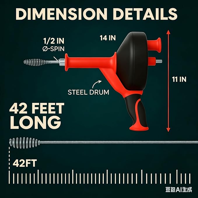 42 FT Drain Snake Hair Drain Clog Remover, Manual Or Powered, Plumbing Snake With Drill Adapte,Unclog Sink Drain Tool, Drain Auger for Toilet、Shower、Kitchen、Sink, No Auto Retract Or Feed, Red