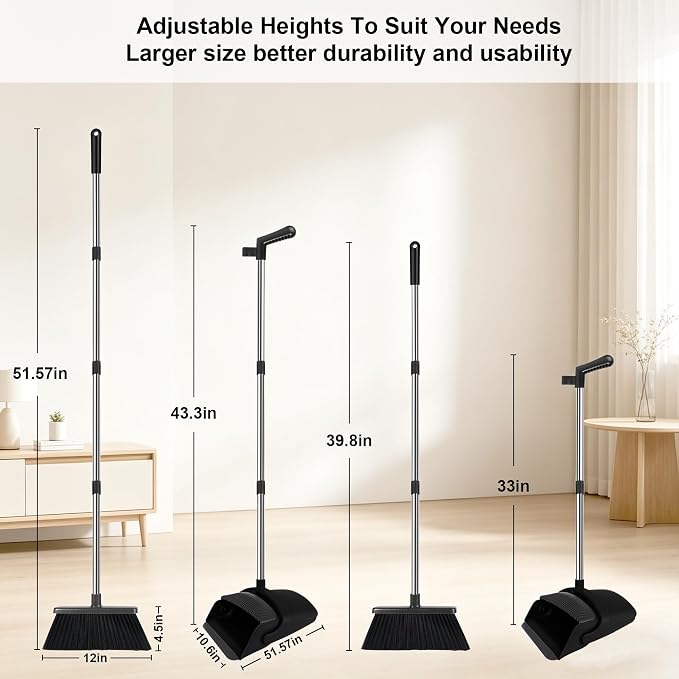 Broom and Dustpan Set with Long Handle, 51" Upright Broom & 39" Dustpan Combo, Pet Hair Rubber Lip Dustpan with Built-in Comb, Standing Dust Pan Set for Home Kitchen Office Indoor Use