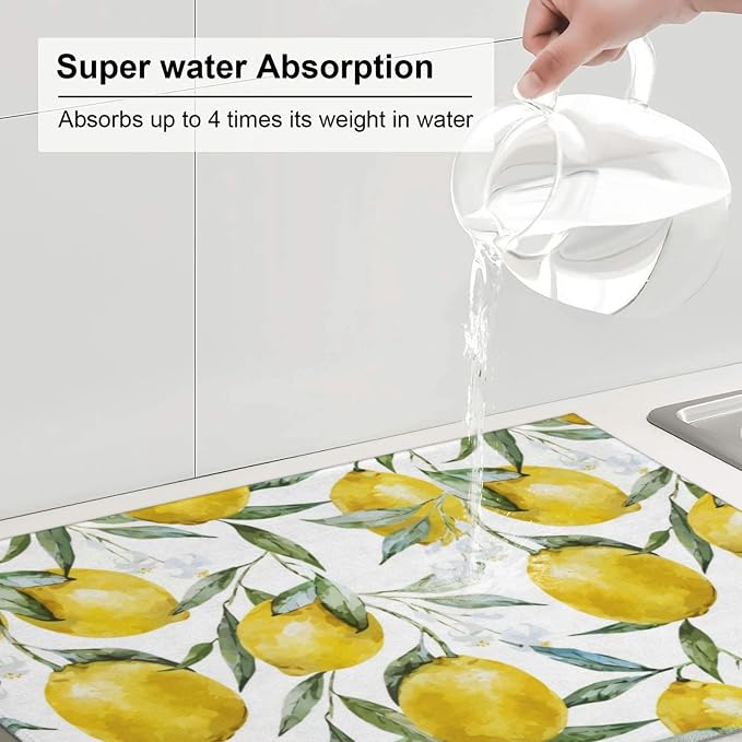 Lemon Dish Drying Mat For Kitchen Counter, Super Absorbent Microfiber Dish Drying Pad, Kitchen Gadgets For Easy Clean Multi-Use Large 18"x24"