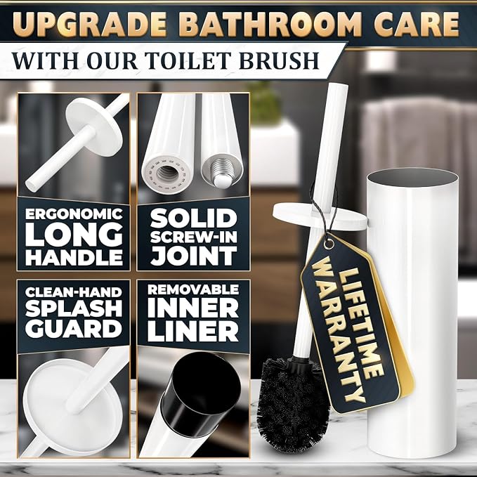 Stainless Steel Toilet Brush and Holder Set White - Long Handle Toilet Bowl Cleaner Brush and Holder - Removable Inner Liner, Shiny Design, Splash Protection & Dense Bristles for Bathroom Cleaning