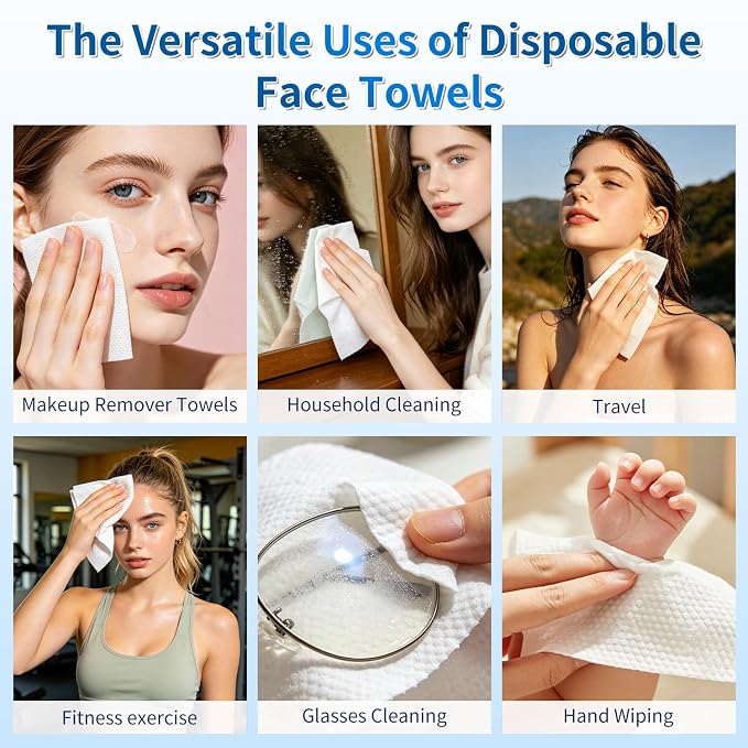 Disposable Face Towels, Biodegradable 100% USDA Face Towels, Ultra Soft Thick Face Wipes, Cleaning Facial Towels For All Skin Types, Skincare and Makeup Remover, Nursing, Travel, Dry Wipes (50 Ct)