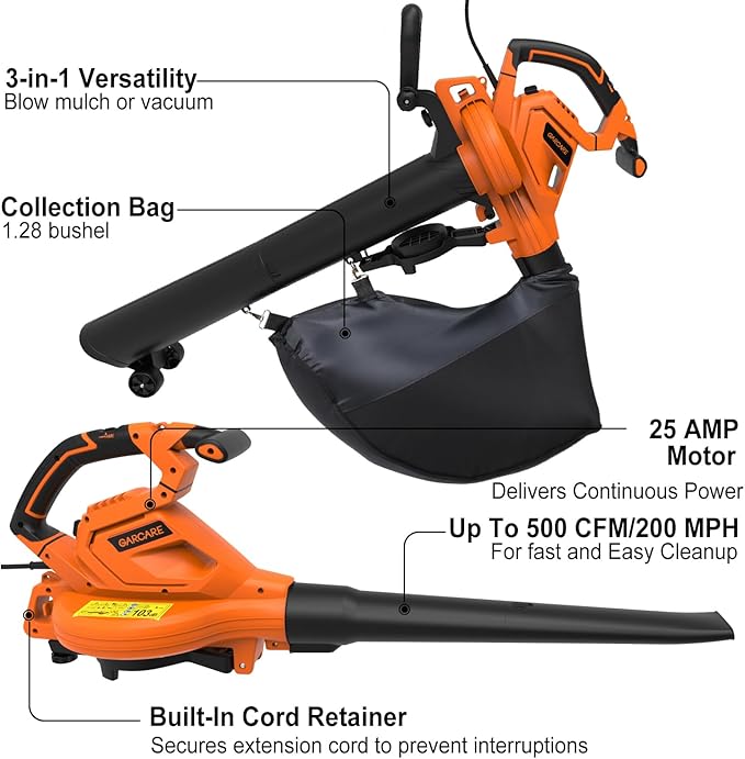 GARCARE 3-in-1 Electric Leaf Blower Vacuum & Mulcher Corded 500 CFM 200 MPH | Corded blower vacuum with collection bag, wheels & shoulder strap. Ideal for lawn, yard & patio leaf cleanup.