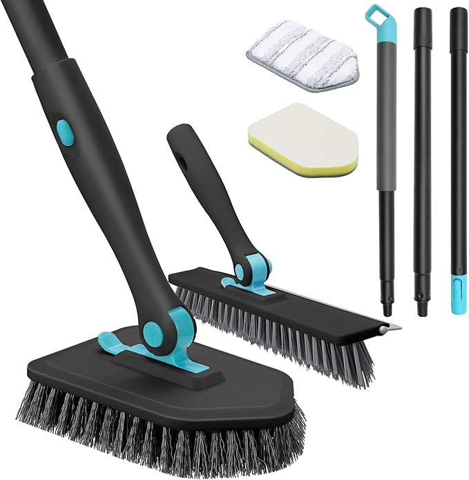 nacena Shower Scrubber with Long Handle, 4 in 1 Tile Tub Scrubber Brush with 3 Detachable Cleaning Heads and V-Shaped Grout Brush Shower Cleaner Brush for Bathroom Kitchen Toilet Tub Sink Wall, Black
