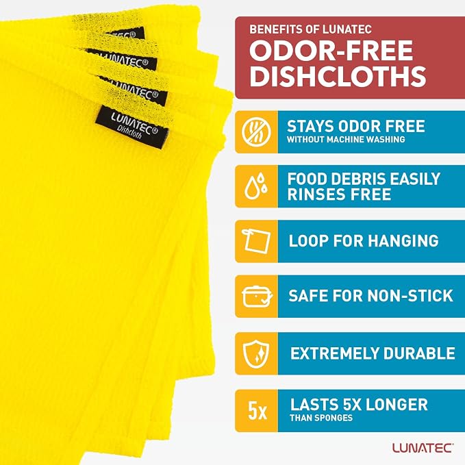 LUNATEC® Odor-Free Kitchen Dishcloths. A Scrubber and scouring pad for All Surfaces. Safe for Non-Stick. (6-Pack)
