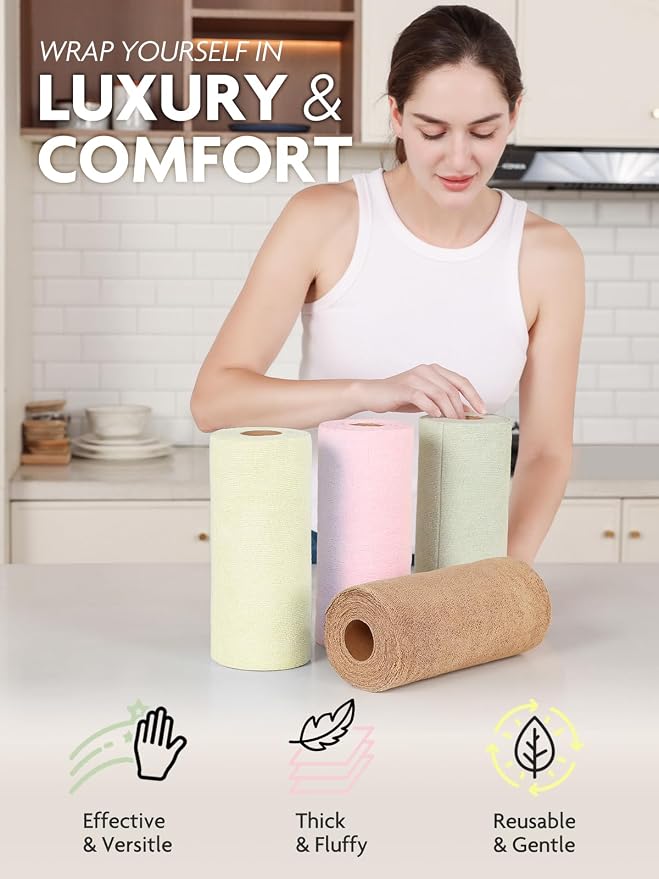 Fantasticlean Kitchen Towels Roll, 80 Sheets, 10'' (Pink,Grayish,Beige,Tan) | Tear-away Dish Towels for Kitchen, Ultra Absorbent, Lint-free, Premium Microfiber Cleaning Cloths, for All-Purpose Cleaning