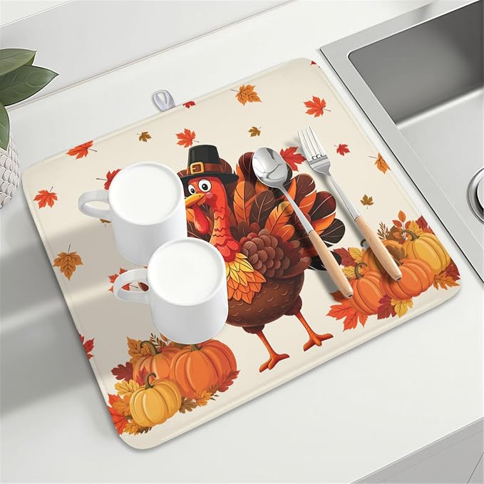 Thanksgiving Dish Drying Mat for Kitchen Counter Autumn Harvest Turkey Pumpkin Maple Leaves Microfiber Dish Drainer Mat Rustic Fall Holiday Absorbent Washable Drying Pad 16"x18"