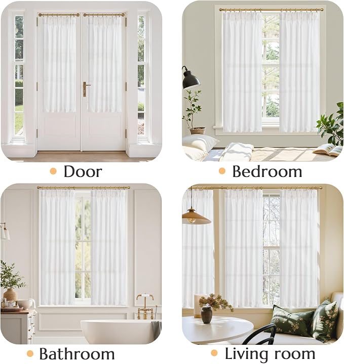 jinchan Linen Pinch Pleated Back Tab Tier Curtains, 38x63, 2 Panels, White | Light filtering,small window treatment,cafe curtains,machine washable,farmhouse,kitchen,bathrooms,laundry