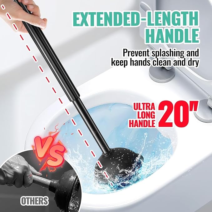 FORASTO 4 in 1 Toilet Brush and Plunger Set, Long Handle Combo, 2 Pack | Dark black bathroom cleaning tools with holder. Includes crevice brush for deep toilet bowl scrubbing.