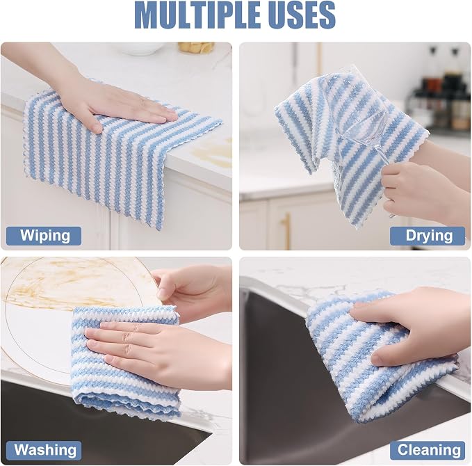 Homaxy 12 Pack Kitchen Dish Cloths, Ultra Soft and Absorbent Dish Towels, Reusable Fast Drying Microfiber Cleaning Cloth, Coral Velvet Wave Design No-lint, 10 x 10 inches, Blue
