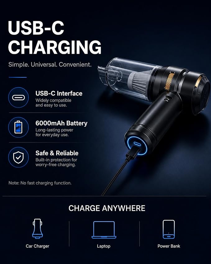 houscly Car Vacuum Cordless Mini Handhled 4-in-1 High Power Cleaner 20000Pa | Brushless motor-6000mAh-Rechargeable-Duster blower-Pet hair crumb cleaning for car sofa office desk- Ideal gifts for men