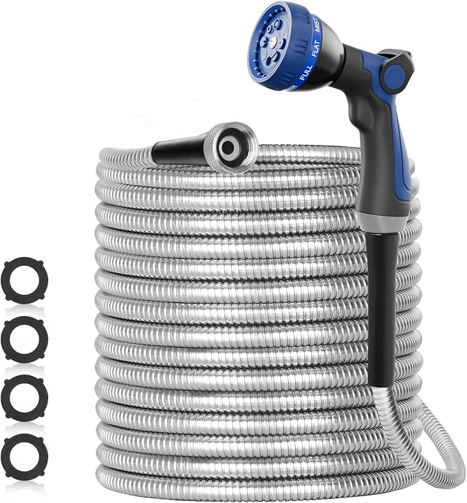 SPECILITE 100ft 304 Stainless Steel Metal Garden Hose with Nozzle | Puncture Resistant, Flexible, Never Kink & Tangle, Heavy Duty Water Pipe for Yard, Outdoor, Lawn