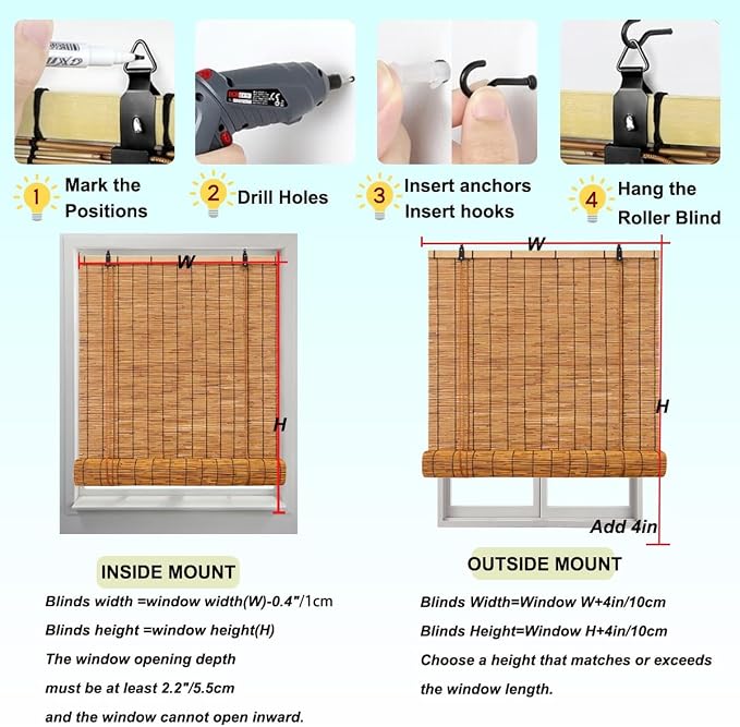 Retro Bamboo Blinds for Patio, Privacy Bamboo Roll Up Shades for Windows, 16"-80" W Reed & Bamboo Blackout Roller Shades, Cordless Outdoor Blinds for Porch, Sun Blocking(49" W x 48" H)
