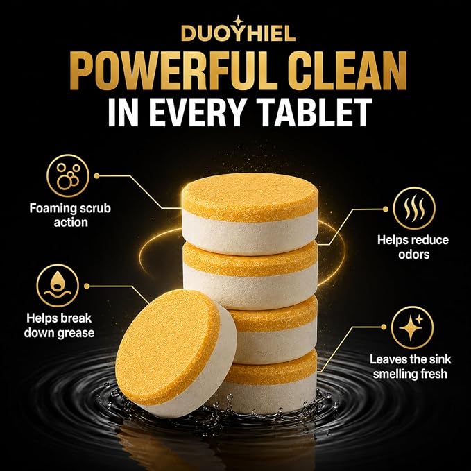XL Foaming Garbage Disposal Cleaner and Deodorizer, Lemon Scent Kitchen Sink & Drain Odor Eliminate Tablets, Break Down Grease Buildup, Residue & Grime,12 Pack for Monthly Maintenance, Septic Safe