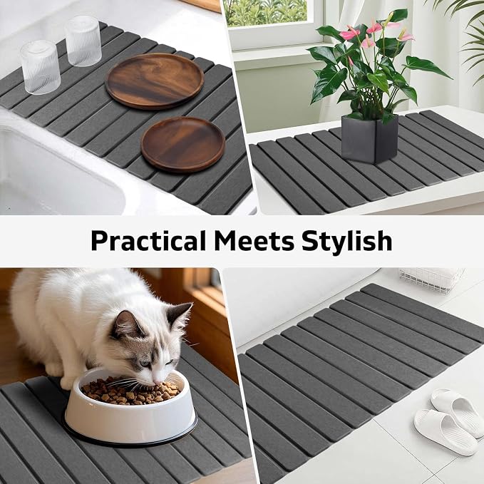 Foldable Stone Dish Drying Mat, 2 Pack Super Absorbent Diatomaceous Earth Bath Mat with Anti-Slip Base, Quick Drying Modern Mat for Bathroom Kitchen Counter