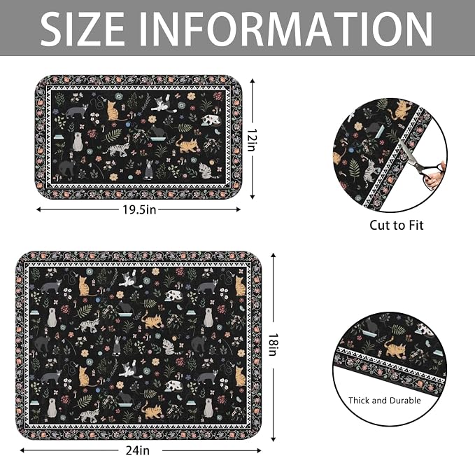 Dish Drying Mat 2-Pack in Vintage Cat Floral for Kitchen Counter Dishes Mat | Diatom Mud Mats (18x24, 19.5x12"). Non-slip rubber back for kitchen counter, coffee bar & sink scenes