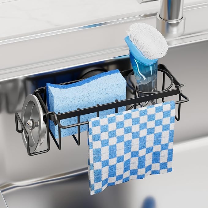TAILI 4-in-1 Sink Caddy with Strong Suction Cup, Sponge Holder for Kitchen Sink Organizer, Removable, Rustproof, Stainless Steel Holder for Sponge, Brush, Scrubber, Scraper - Black