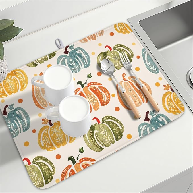 Fall Dish Drying Mat for Kitchen Counter 18 x 24 Inch Colorful Pumpkin Dish Drainer Mat Absorbent Microfiber Autumn Thanksgiving Harvest Dish Rack Pad for Coffee Dining Bar Decor