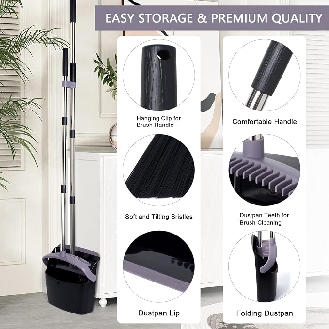 Broom and Dustpan Combo Set,55" Long Handle,Charcoal | Heavy Dust,Dustpans with Broom Combo,House Accessories for Home, Kitchen,Office,Classroom,Apartment,Pet Hair