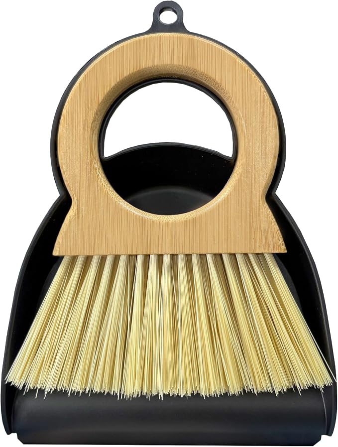 Mini Broom and Dustpan Set - Compact Bamboo Handle Cleaning Kit with Mini Dustpan Brush for Countertops, Tables, Desks - Small Dust Pan and Broom Combo for Tiny Spaces (Black)
