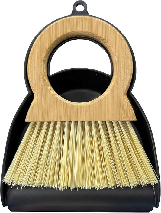 Mini Broom and Dustpan Set - Compact Bamboo Handle Cleaning Kit with Mini Dustpan Brush for Countertops, Tables, Desks - Small Dust Pan and Broom Combo for Tiny Spaces (Black)