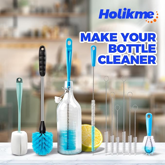Holikme Bottle Brush Tube Cleaning Lab Set with Long Handle, Cup Cleaner for Washing Narrow Neck Beer Wine Decanter Pipes Lids Sinks Cap Covers, Green