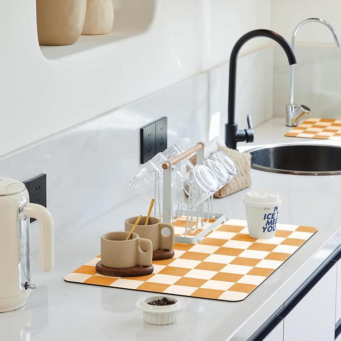 Ohocut Checkered Dish Drying Mat for Kitchen Counter, Coffee Bar Station Accessories, Retro Cute Aesthetic Modern Absorbent Drainer Mat Kitchen Drying Mat Easy Clean, Orange 16" x 24"