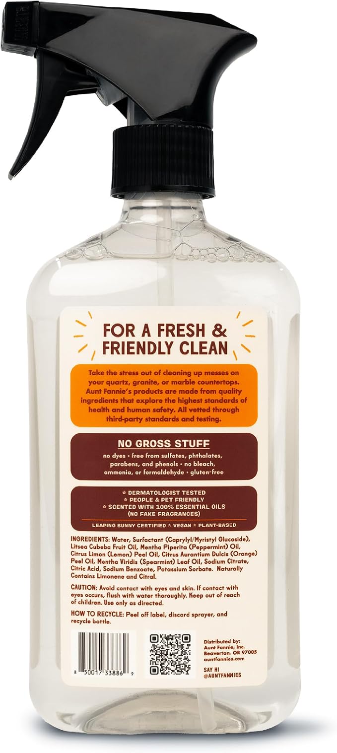Aunt Fannie's Granite and Stone Cleaner, Plant Based Daily Countertop Spray for Marble, Soapstone, Quartz, Slate, Laminate, and other Sealed Stone, Bright Lemon Scent, Pack of 6