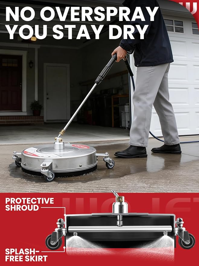 WOJET 16" Stainless Steel Pressure Washer Surface Cleaner, Professional Grade Power Washer Surface Cleaner Attachment for Concrete Driveway, Patio, Deck, Sidewalk, Fits Gas & Electric Washers 4500 PSI