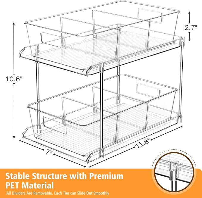 Fabspace Bathroom Under Sink Organizers and Storage, 2 Tier Vanity Countertop Pull-out Cabinet Organizer, Storage Container, Multi-Purpose Kitchen Pantry Organization with Dividers, 3 Packs