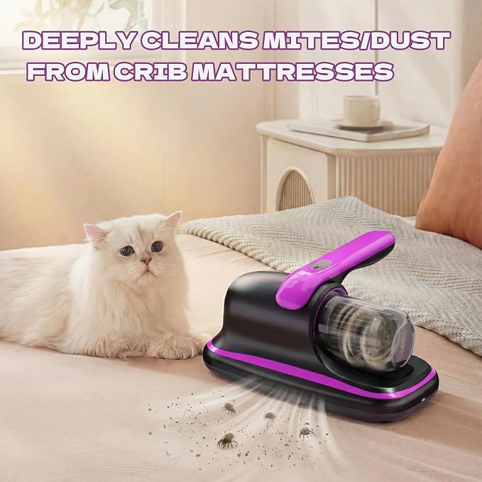 Vacuum Cleaner, Mattress Vacuum Cleaner, Bed Vacuum Roller Brushes for Pet HairPurple, Battery Powered, for Pillows Cribs Sofa, beds,Carpet