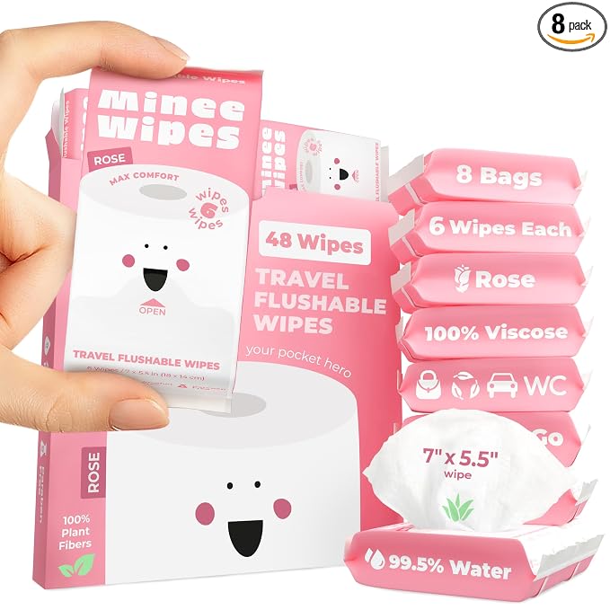 Impossibly Compact Travel Flushable Wipes - 99.5% Water and Aloe - Safe for Sensitive Skin - Travel Essentials for Adults & Kids, Rose, 8 Pack 48 Wipes
