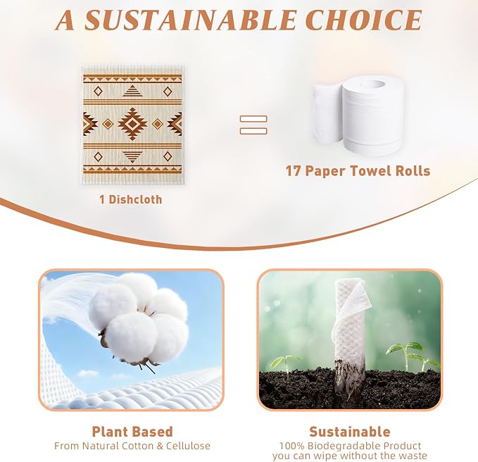 4 PCS Swedish Dishcloths, Western Aztec Vintage Themed Reusable Kitchen Dish Cloths, Super Absorbent Cellulose Sponge Cloths, Odor Resistant, Dishwasher Safe & Multi-Purpose Cleaning Cloths