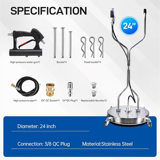 TOR 24" Pressure Washer Surface Cleaner with 4 Wheels, Surface Cleaner for Pressure Washer, Stainless Steel Dual Handle Power Washer Surface Cleaner for Concrete, Driveway, Patio, Sidewalk