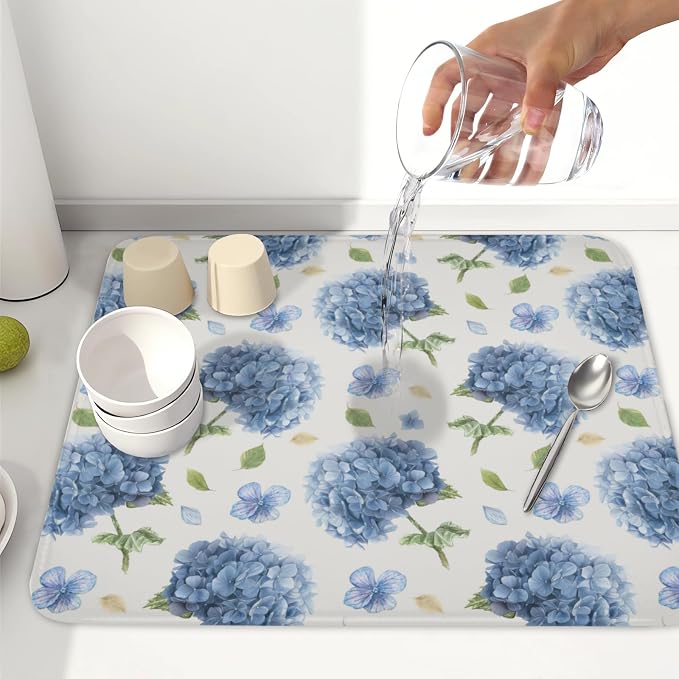 Spring Summer Blue Floral Dish Drying Mat 16x18 Inch | Hydrangea ，Polyester，Absorbent Microfiber，for Kitchen Coffee Dining Bar Decor