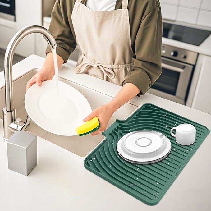 Dish Drying Mat for Kitchen Counter, with Built-in Drain Lip, Food-Grade Silicone, Easy Clean Pad for Countertop Protection, Multi-Functional Use (18x11.8, Dark Green)